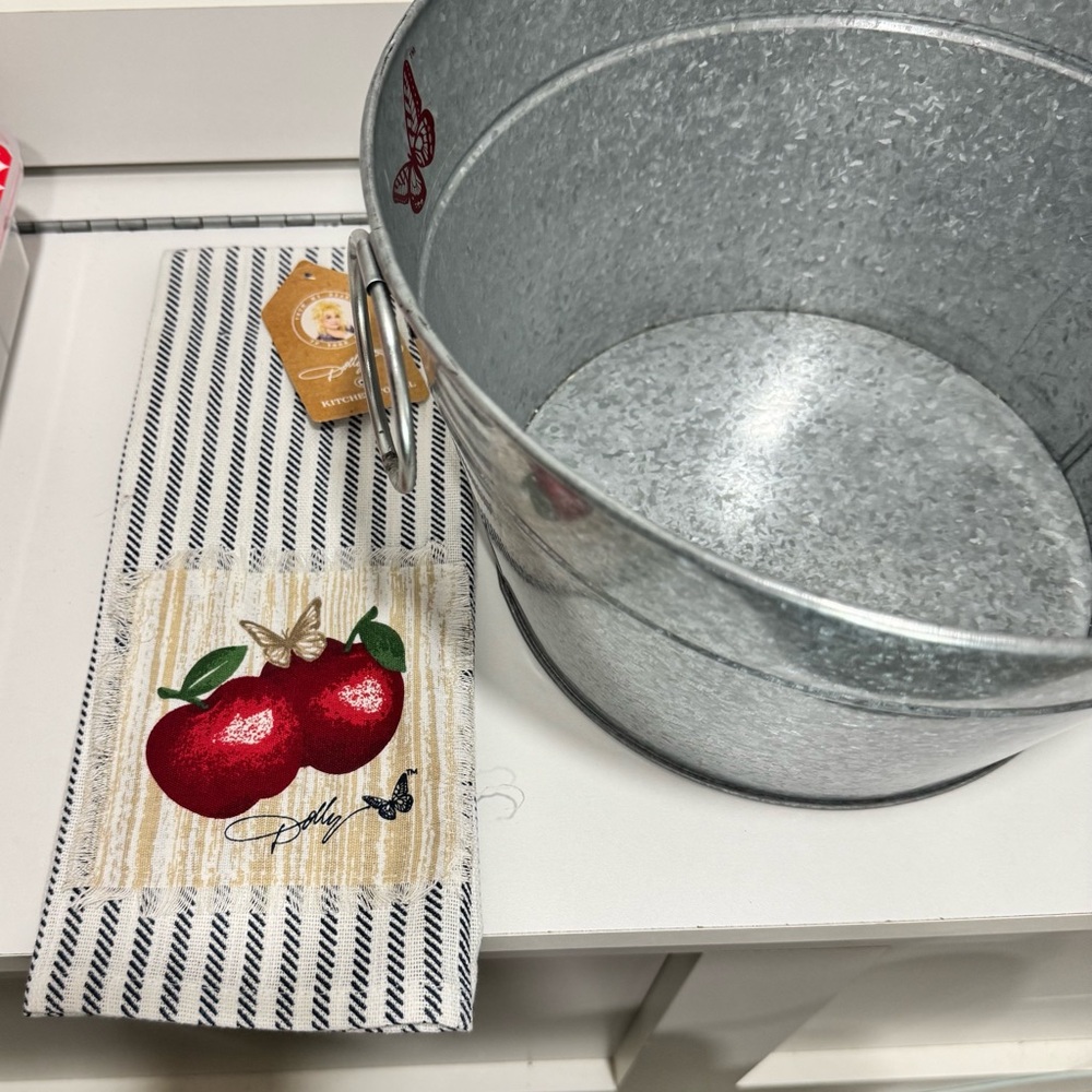 Dolly Parton Metal Bucket with Red Butterfly Design and Dolly dish cloth